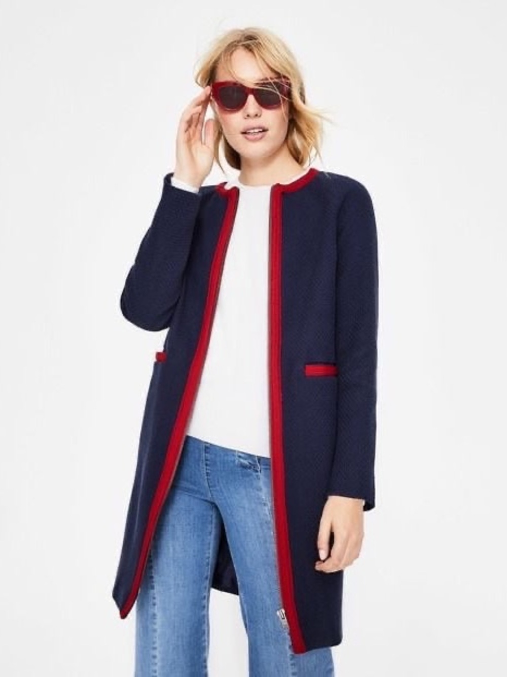 Boden Eadie Textured Coat Navy Red Trim Zip Front US 2 UK 6 Womens Lined